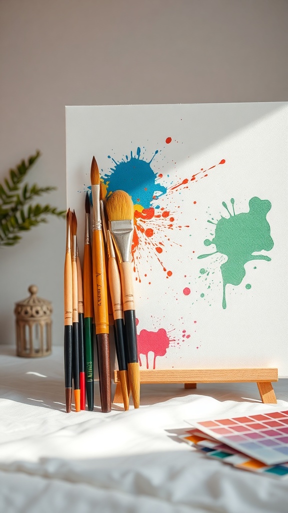 A variety of paintbrushes next to a colorful canvas with paint splatters.