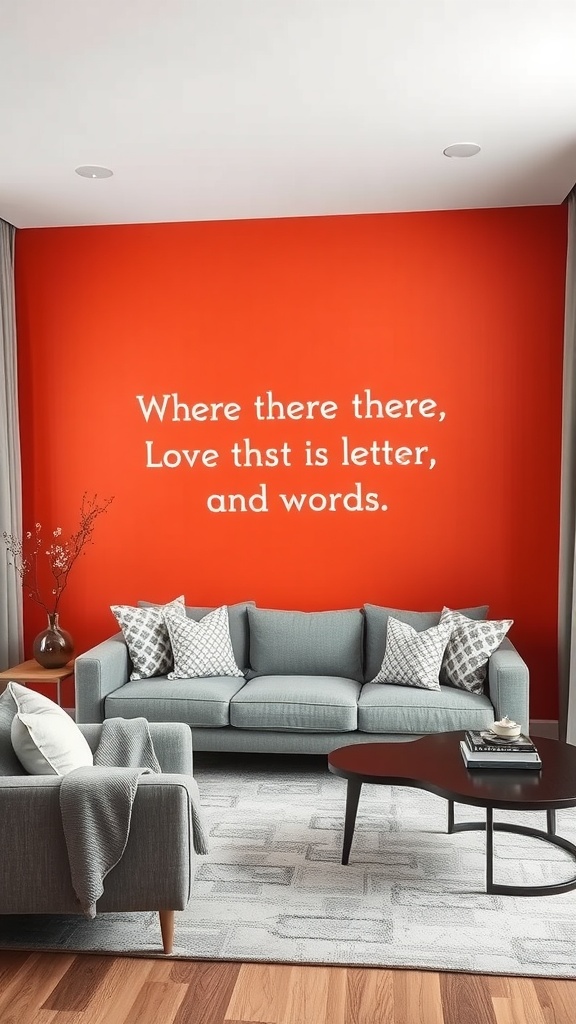 A living room with a bold red accent wall featuring a quote, complemented by a cozy grey sofa and decorative pillows.