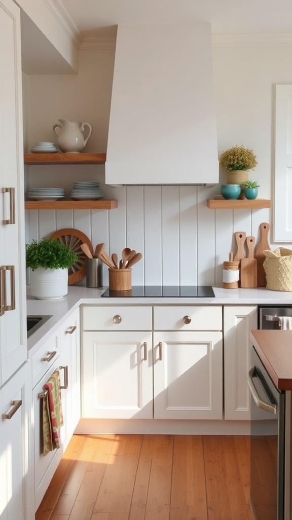A kitchen featuring a painted board and batten backsplash with wooden shelves, showcasing plants and kitchenware.