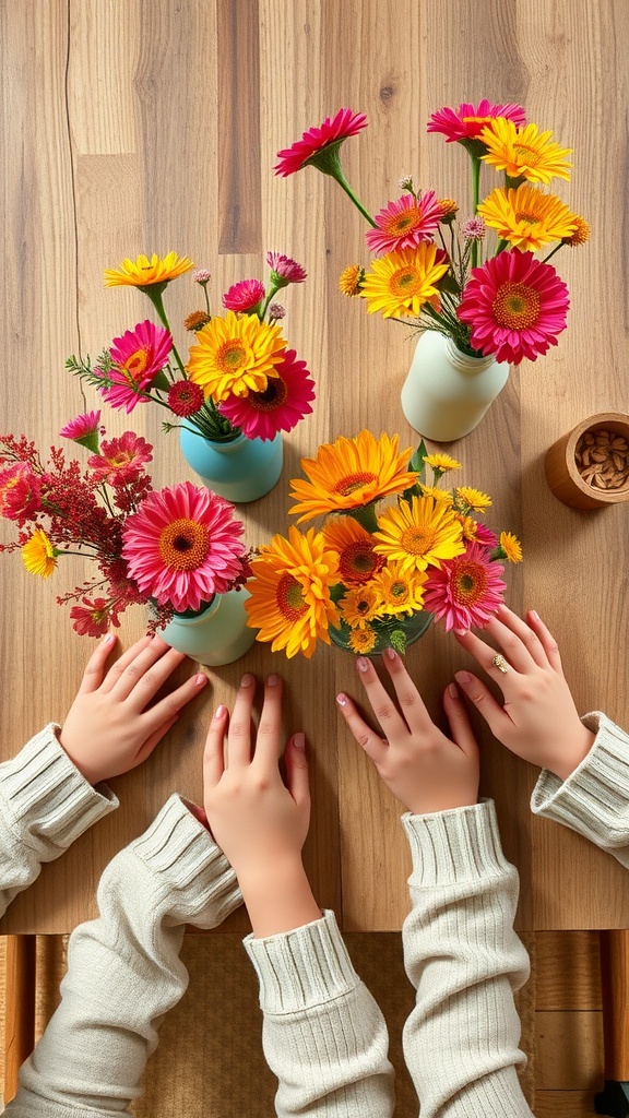 Colorful painted bottles used as flower vases with hands reaching towards them