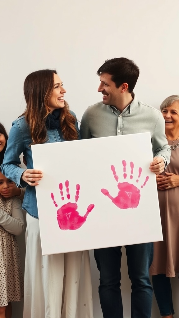 A couple smiling while holding a painted canvas with pink handprints, surrounded by family.