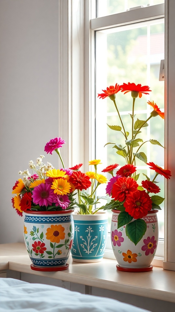 Colorful painted flower pots with flowers on a windowsill