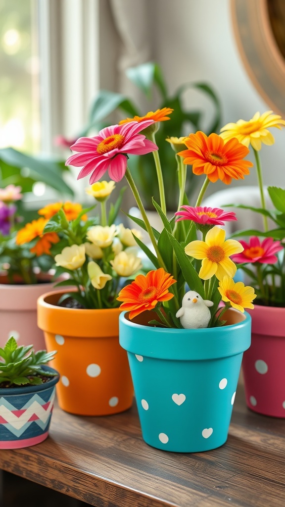 Colorful painted flower pots with flowers displayed on a wooden table.