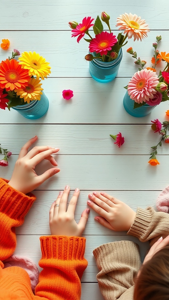 Colorful flowers in painted mason jars on a wooden table with hands reaching out.