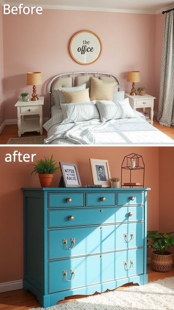 Before and after image of a furniture makeover showing a plain bedroom setup and a vibrant blue dresser.