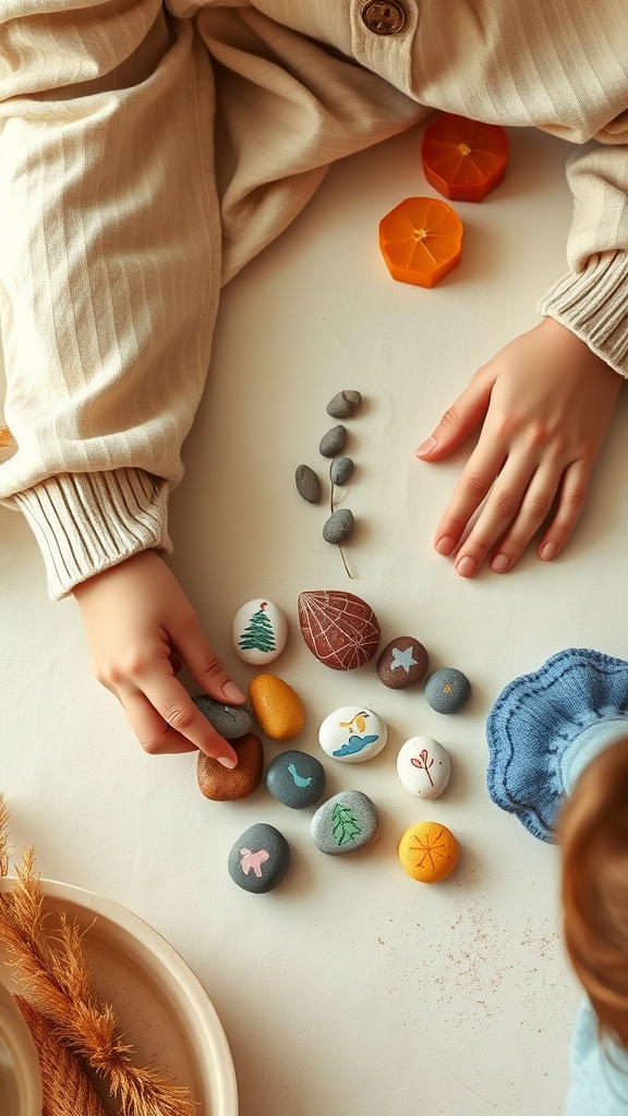 A child's hand selecting painted story stones on a table.