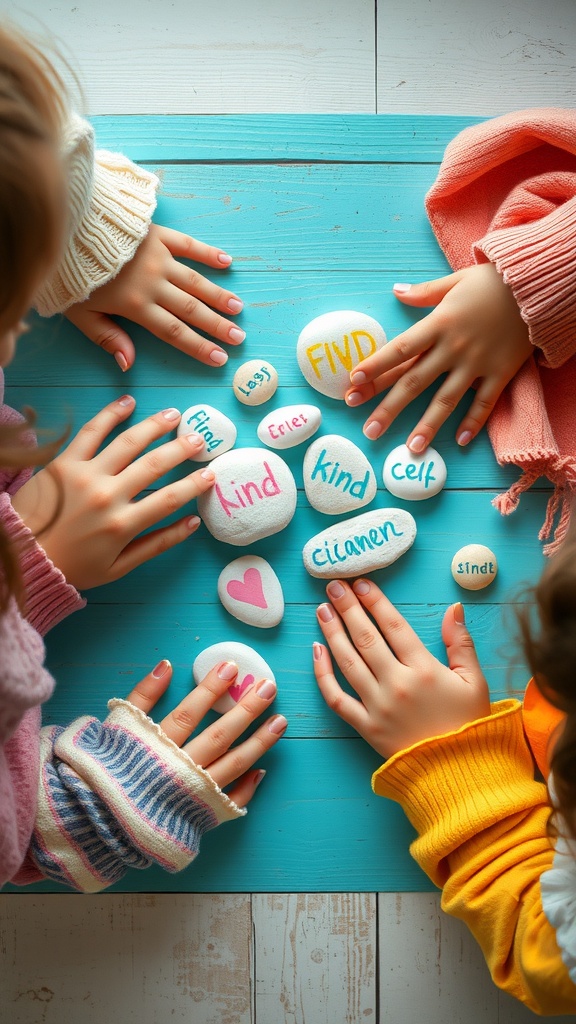 Children's hands painting rocks with positive words on a blue table