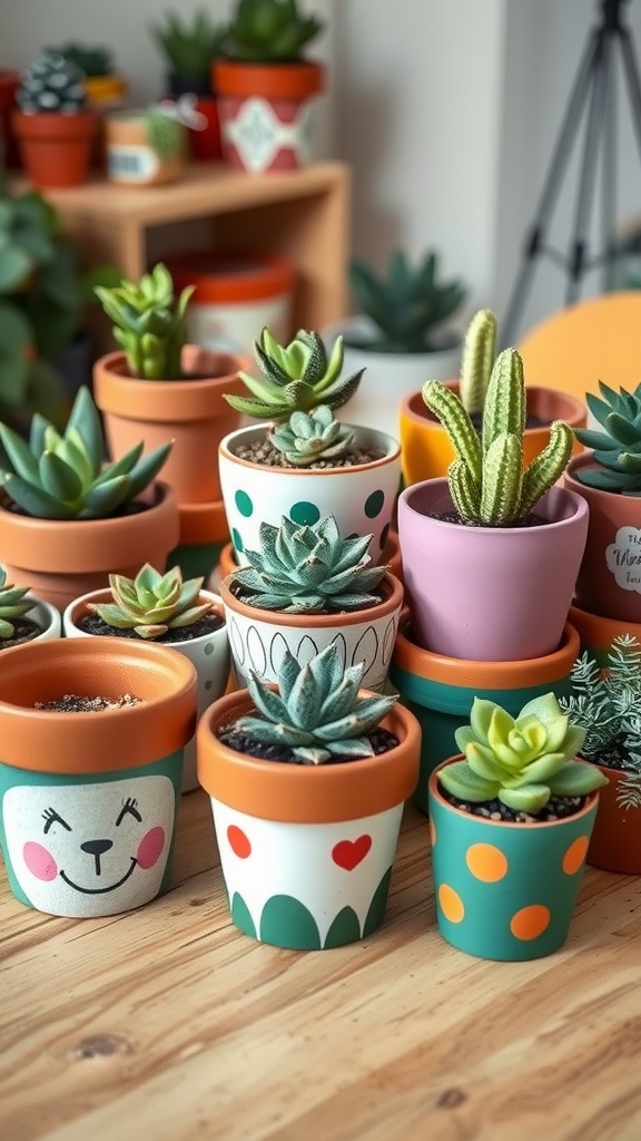 Colorful painted terracotta pots with various designs and succulent plants.