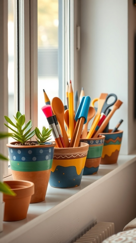 Colorful painted terracotta pots filled with art supplies on a windowsill