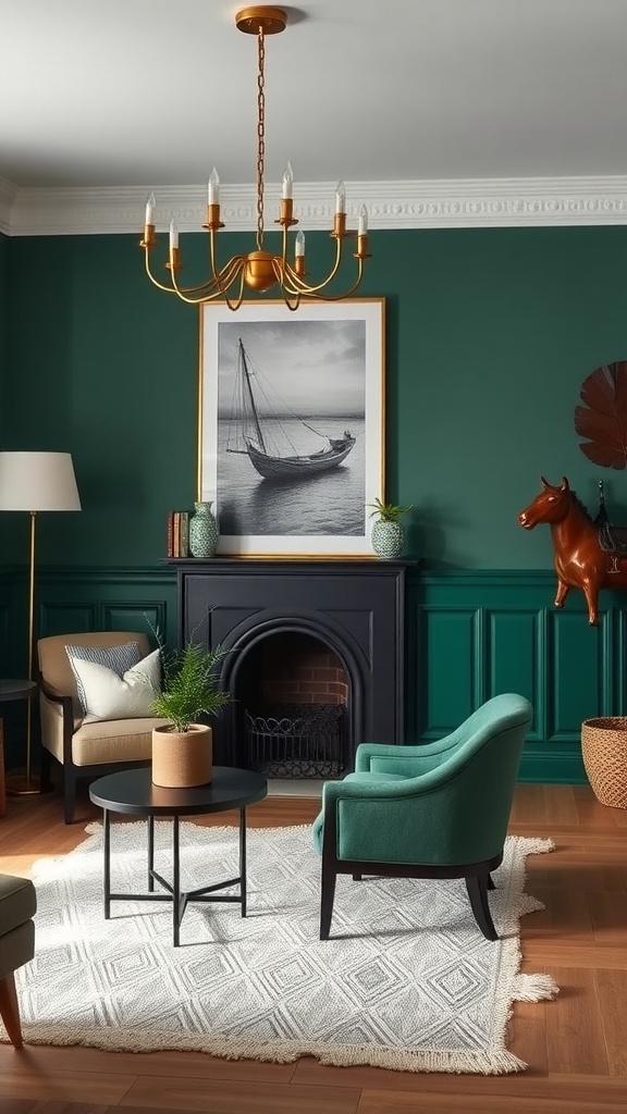 A stylish living room featuring dark green walls with black painted wainscoting, elegant furniture, and decorative elements.