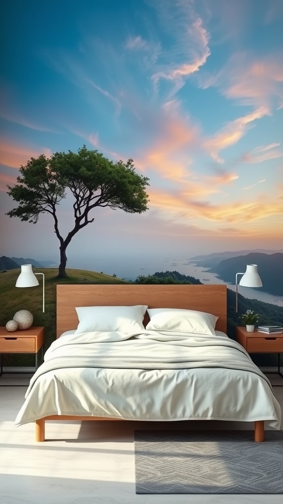 A bedroom featuring a painted wall mural of a tree against a colorful sky, providing a serene backdrop for the bed.