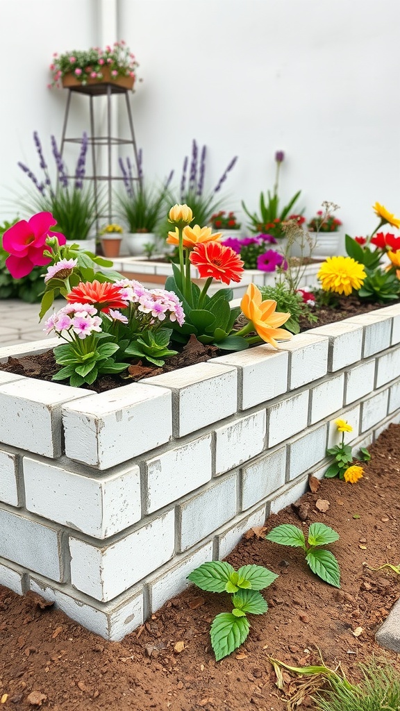 A painted white brick raised garden bed filled with colorful flowers