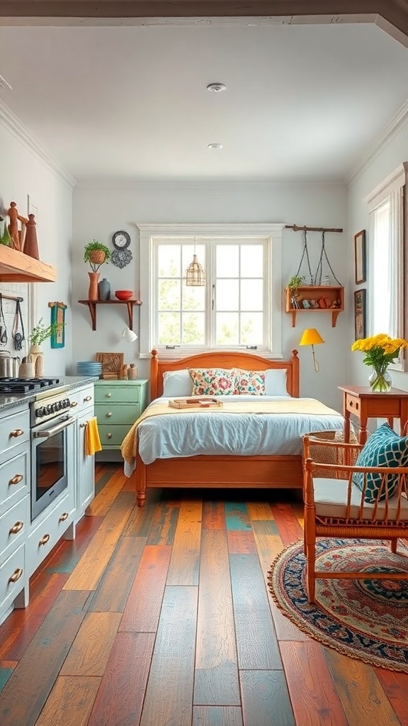 A cozy kitchen with colorful painted wood floors, white walls, and rustic decor.