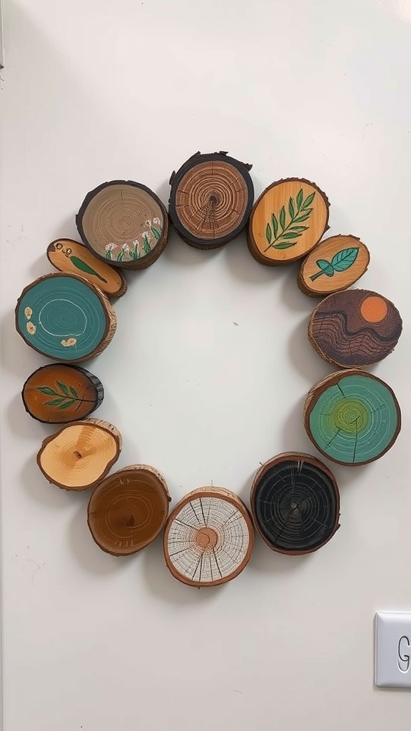 A circular arrangement of painted wood slices on a wall, featuring various colors and designs.