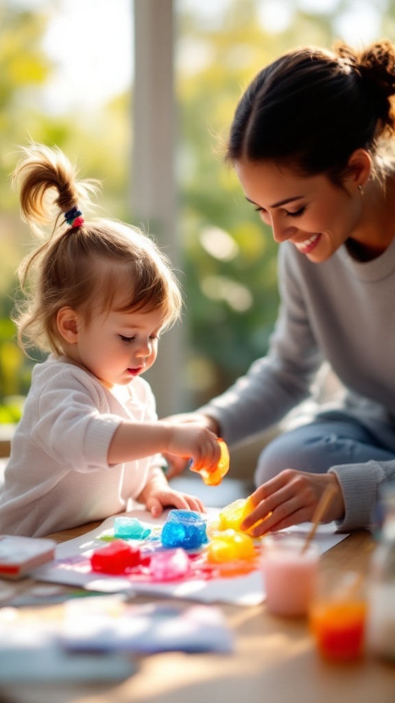 A mother and toddler painting with colored ice cubes on a table.