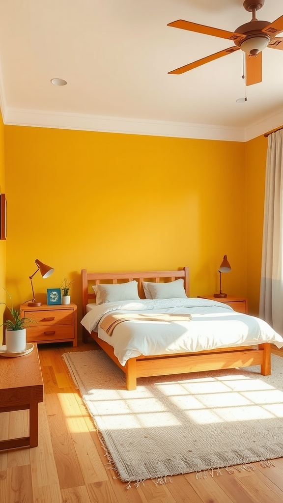 A cozy bedroom featuring mustard yellow walls, light wood furniture, and a warm atmosphere