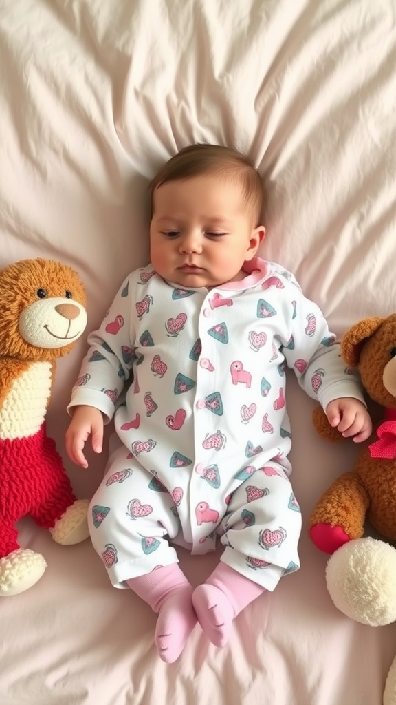 A baby in a cute onesie lying on a bed surrounded by teddy bears.
