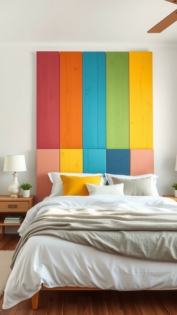Colorful wooden panels as a headboard above a bed