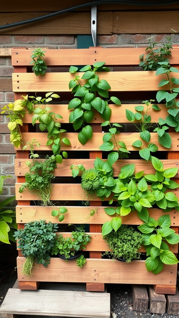 A vertical garden made from a wooden pallet with various herbs planted in pots.