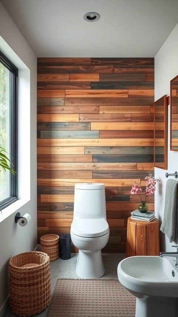 A rustic bathroom with a pallet wood wall, featuring a toilet, sink, and natural decor elements.