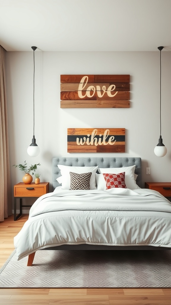 Cozy bedroom with pallet wood wall decor featuring the words 'love' and 'while' above a bed.