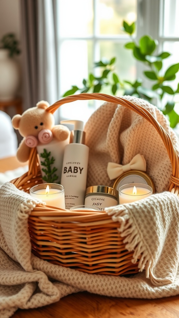 A cozy basket filled with baby skincare products, candles, a teddy bear, and a soft blanket, creating a nurturing gift for a new mom.
