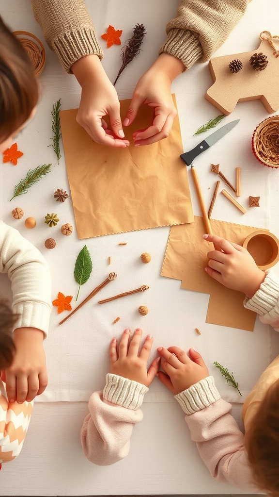 Children's hands creating paper bag puppets with natural materials and craft supplies on a table.