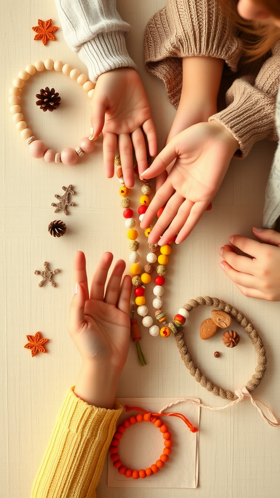 Hands showing colorful paper bead jewelry on a table