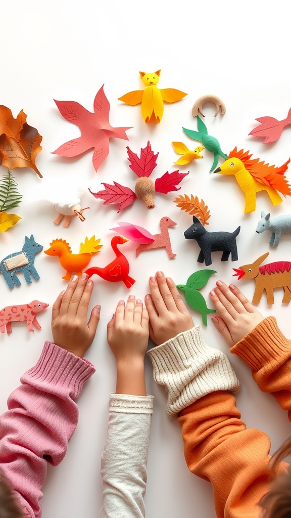 Colorful paper animal collages with children's hands reaching towards them