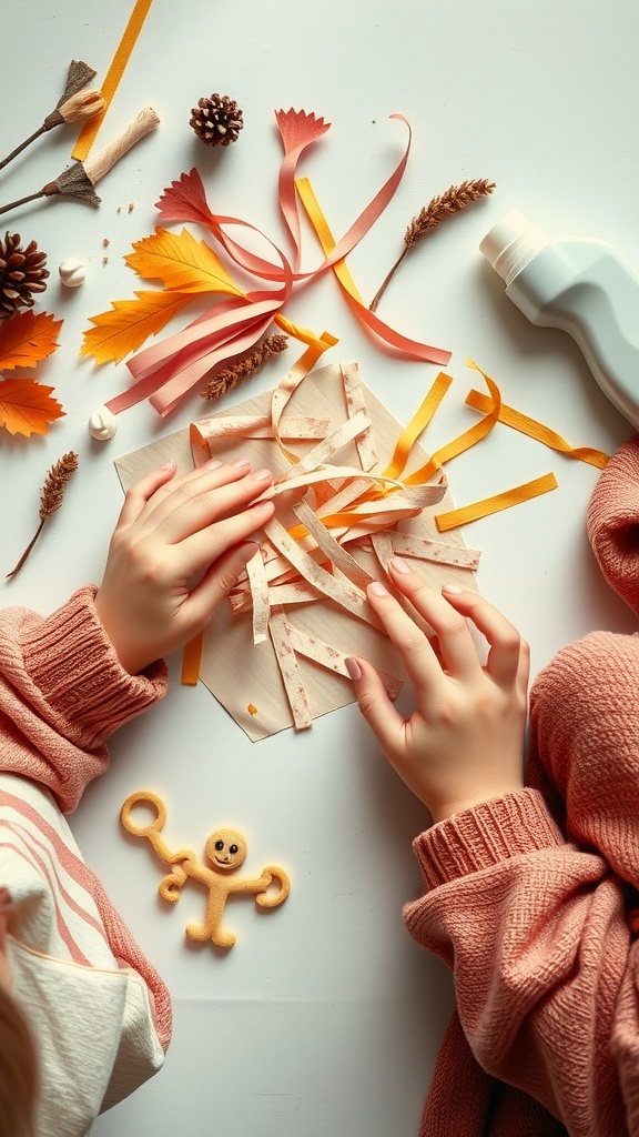A child's hands crafting with colorful paper strips and natural materials while making a paper mache project.