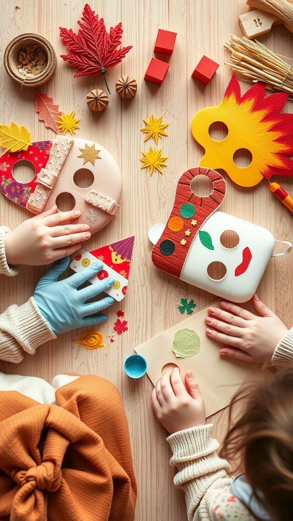 Children making colorful paper mache masks with various craft supplies.