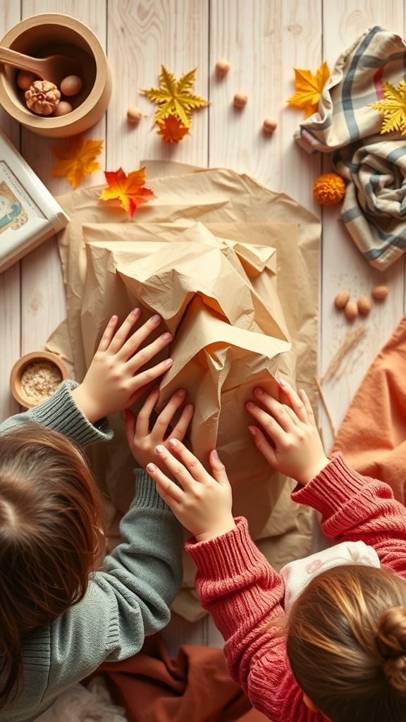 Two children working on a paper mache sculpture together, surrounded by autumn leaves and craft materials.