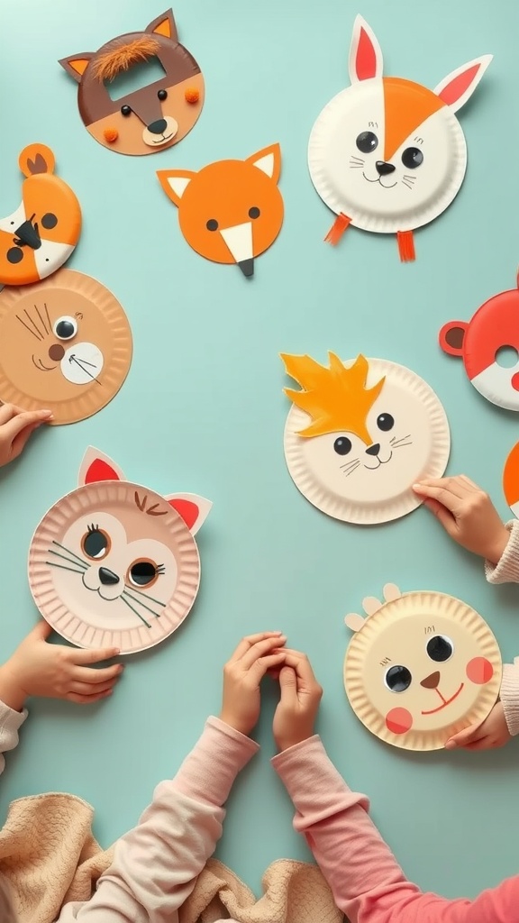 Colorful paper plate animal masks laid out with hands holding different masks