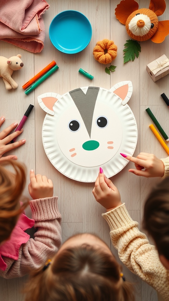Children creating animal faces on paper plates with colorful markers and craft supplies.