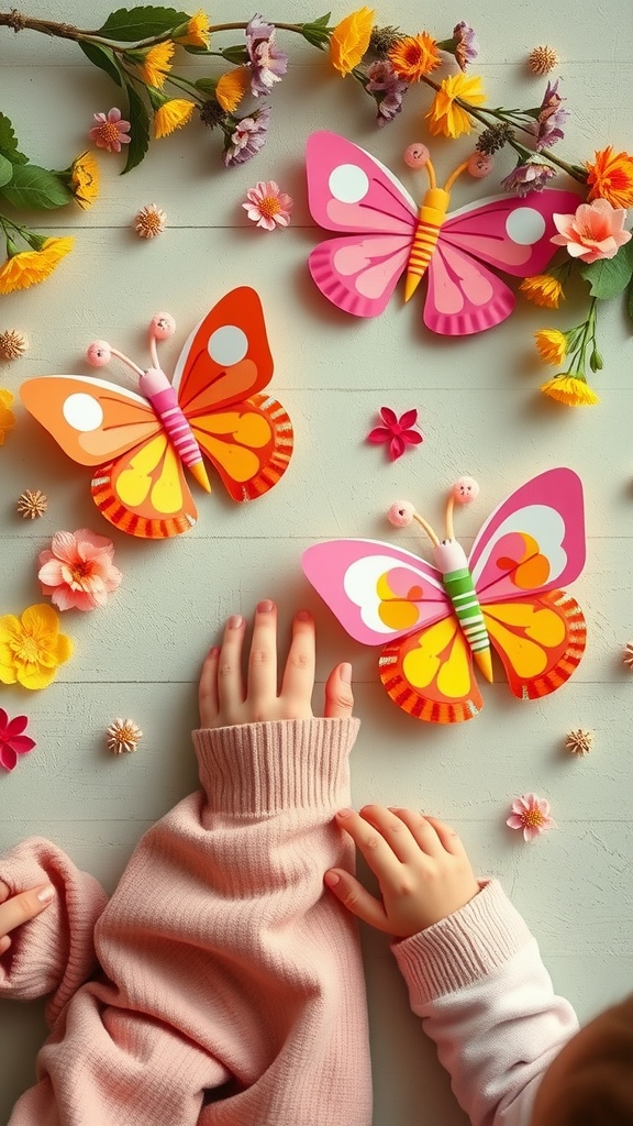 Colorful paper plate butterflies surrounded by flowers and children's hands