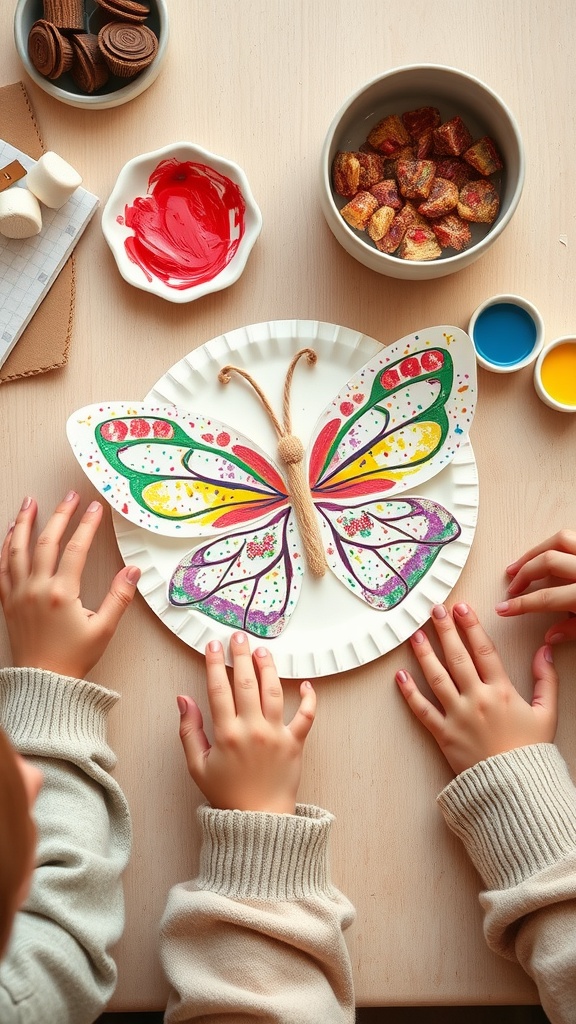 Children crafting a colorful butterfly on a paper plate, surrounded by art supplies.