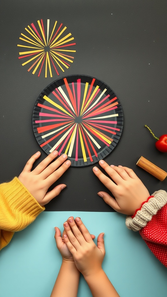 Hands creating paper plate fireworks craft with colorful strips of paper.