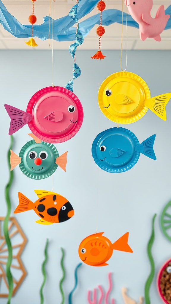 Colorful paper plate fish hanging from the ceiling, featuring various designs and bright colors.