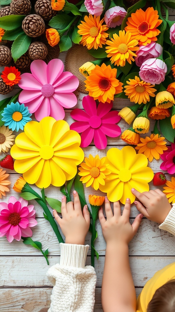 Colorful paper plate flower crafts with children's hands
