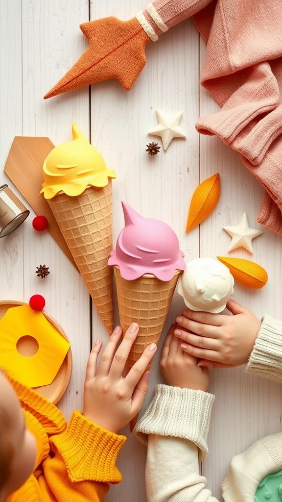 Colorful paper plate ice cream cones with hands of children, showcasing a fun summer craft.