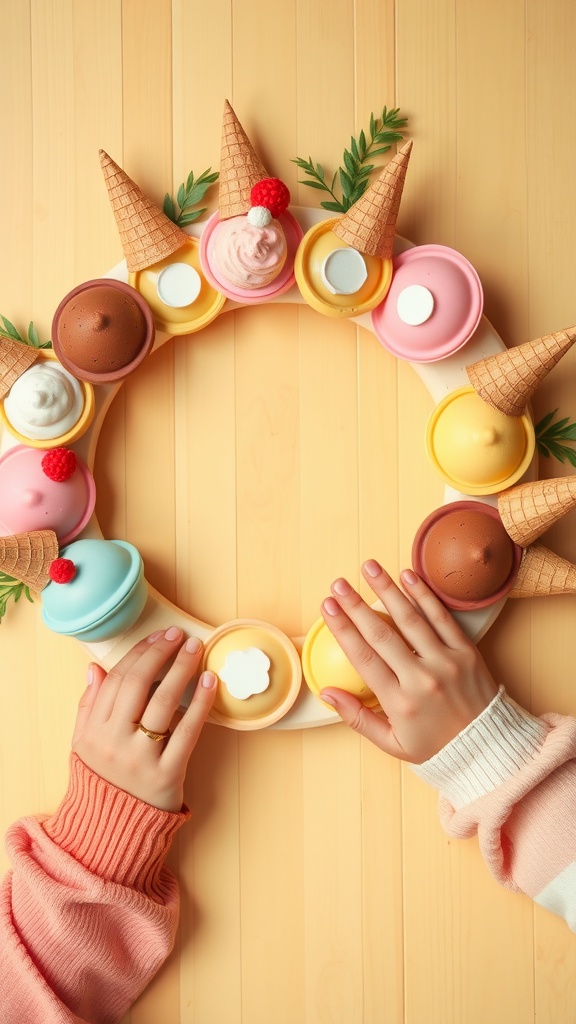 Colorful paper plate ice cream wreath with cones and faux ice cream scoops, hands arranging the craft.