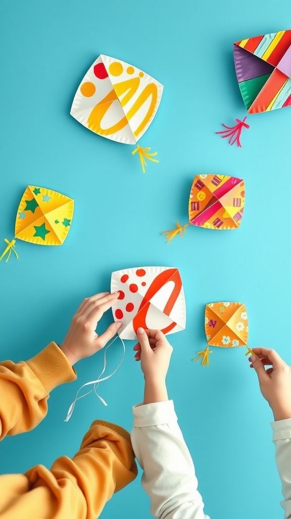 Colorful paper plate kites hanging on a blue wall, with hands holding and decorating them.