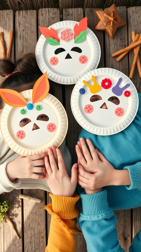 Children making colorful paper plate masks with decorations