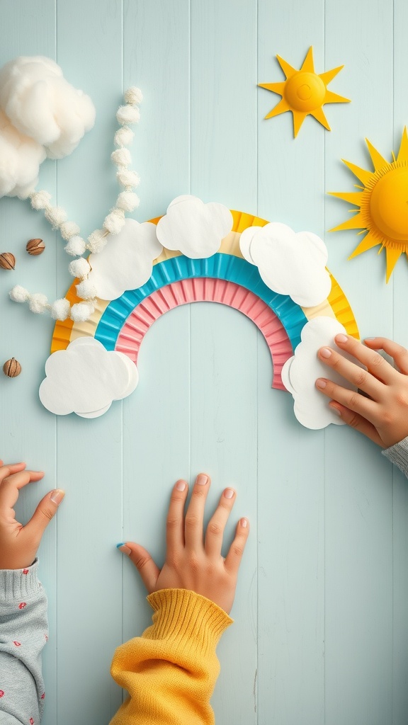 Hands working on a colorful paper plate rainbow craft with clouds and sun decorations.