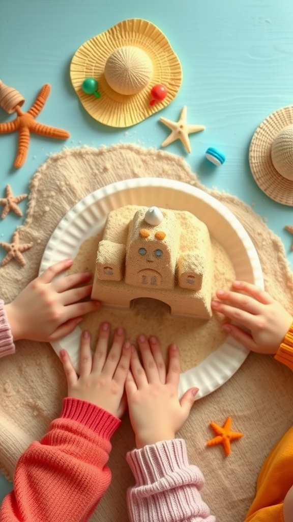 Hands building a sandcastle made from a paper plate and sand, surrounded by beach-themed items.