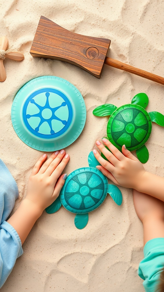 Hands of children with colorful paper plate sea turtles on sand