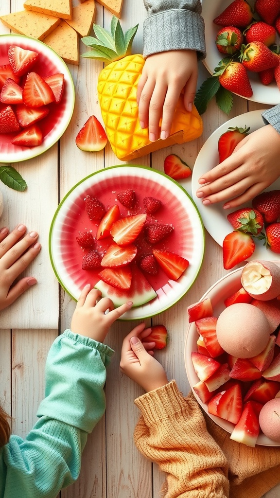 Children's hands reaching for colorful paper plate fruits including strawberries and a pineapple