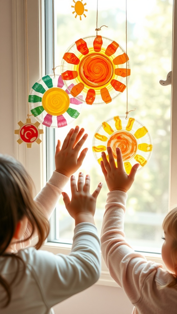 Children reaching for colorful paper plate sun catchers hanging in a window