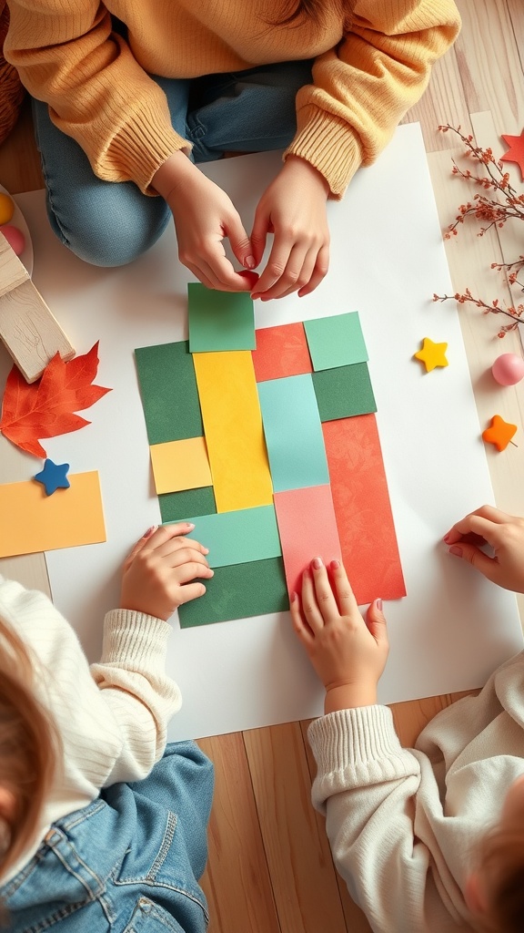 Children making colorful paper quilt squares with various colored papers on a table.