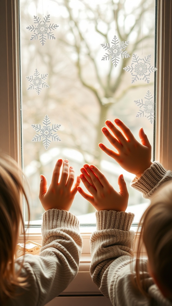 Two children's hands pressed against a window with paper snowflakes hanging, looking out at a winter scene.